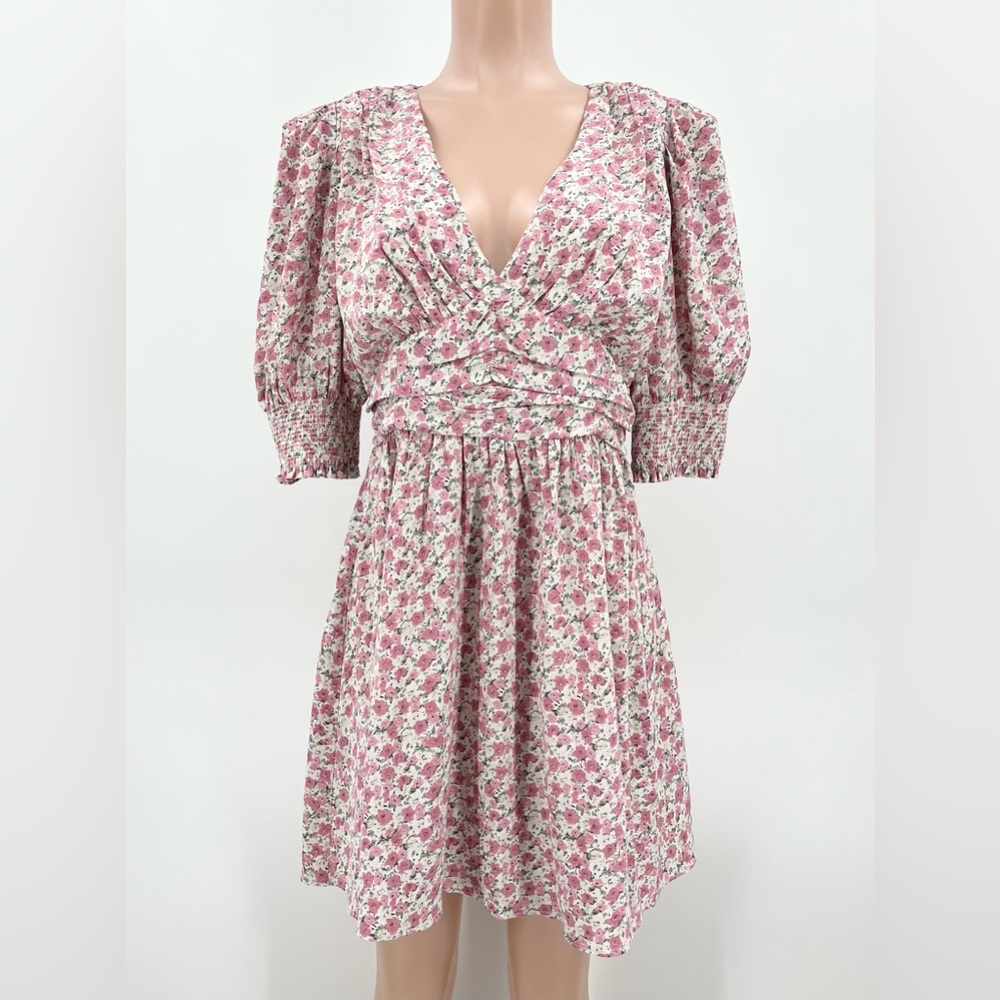 Lush Pink Floral Cottagecore Puff Sleeve V-Neck A-Line Dress Size Large